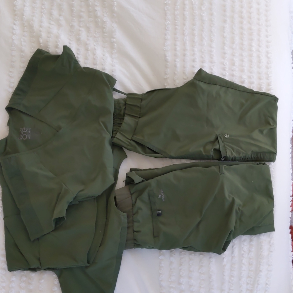 Two sets of barco one wellness olive green scrubs